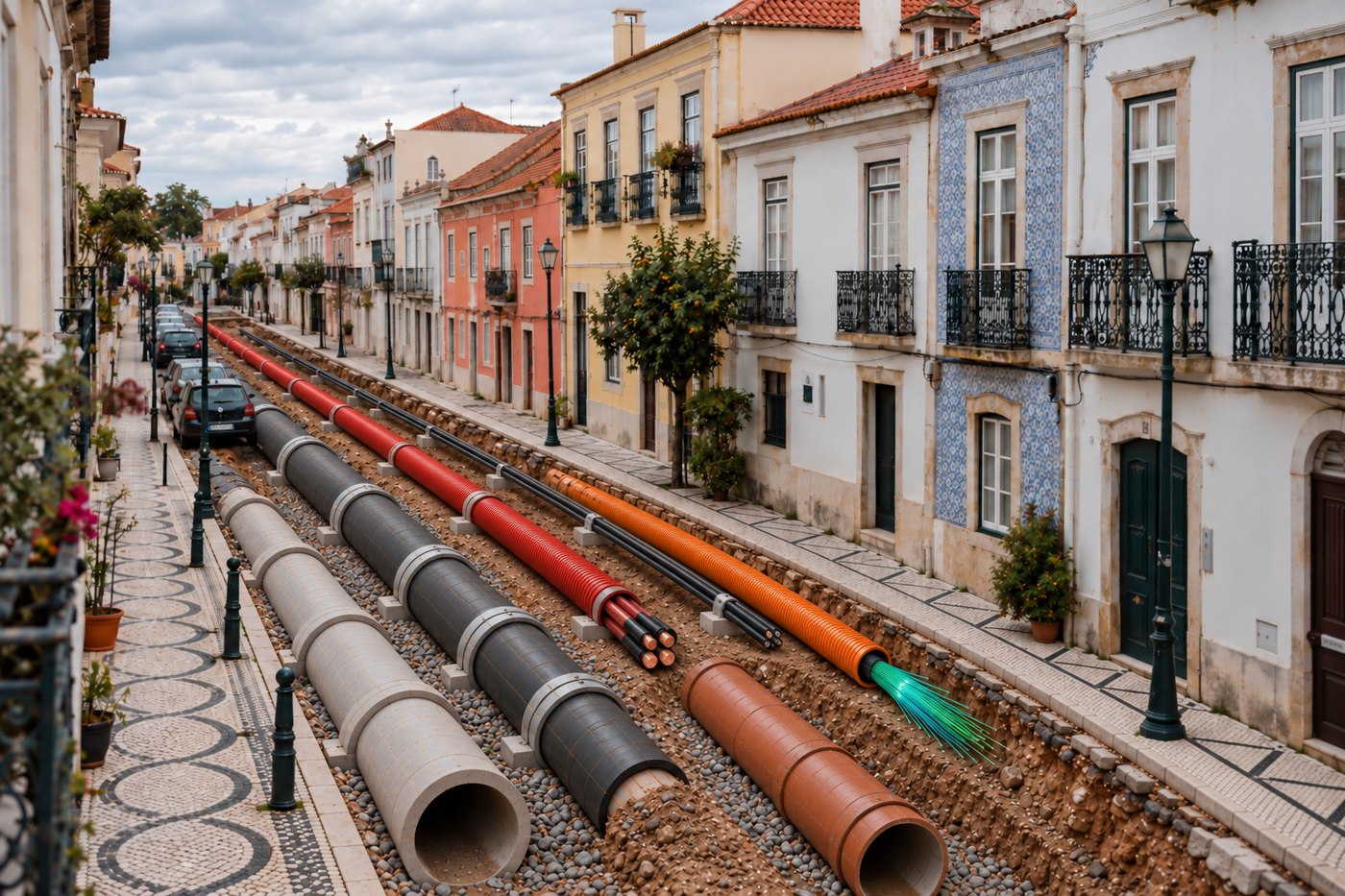 A mesma rua com o pavimento em corte e as redes enterradas visíveis