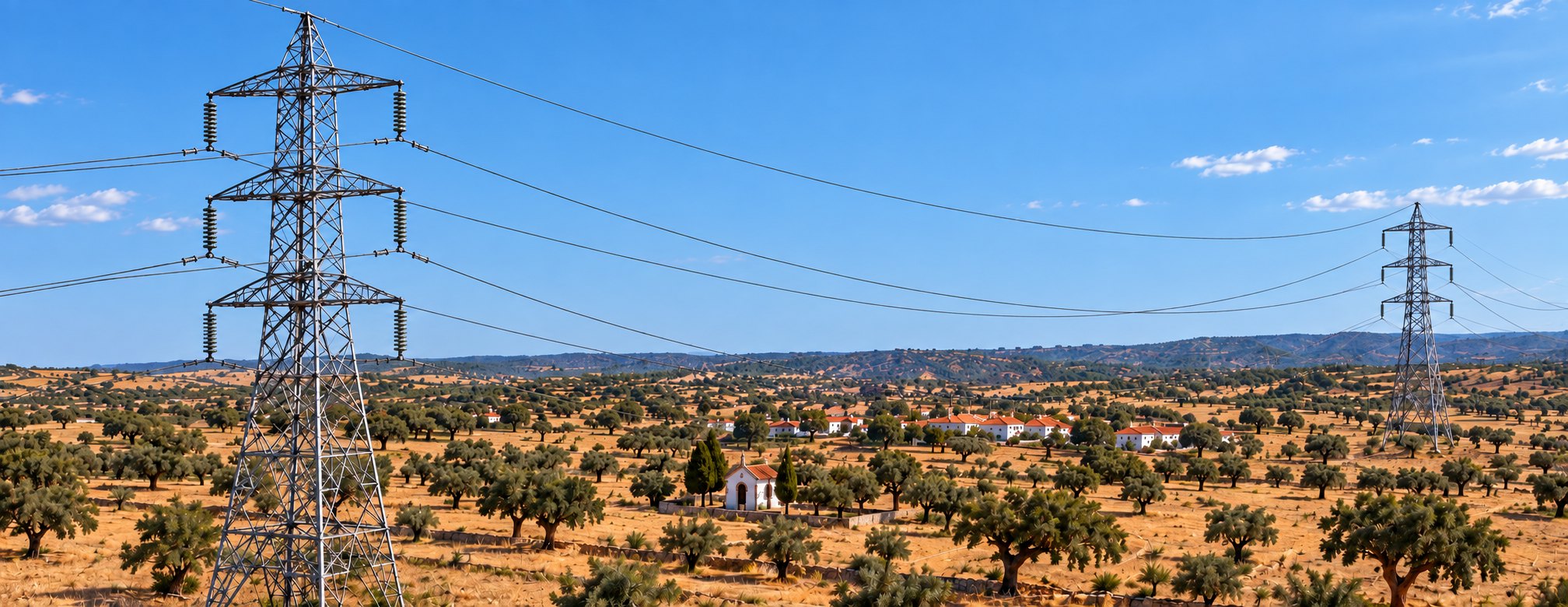 Linha elétrica com apoios metálicos em zona rural de montado